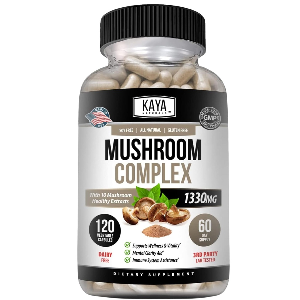 Kaya Naturals Premium Mushroom Complex Potent - 蘑菇补充剂 - Mushroom Complex Capsules 1995mg Per Service - Aids 精神清晰支持免疫系统,健康与生命力 - 120 Counter