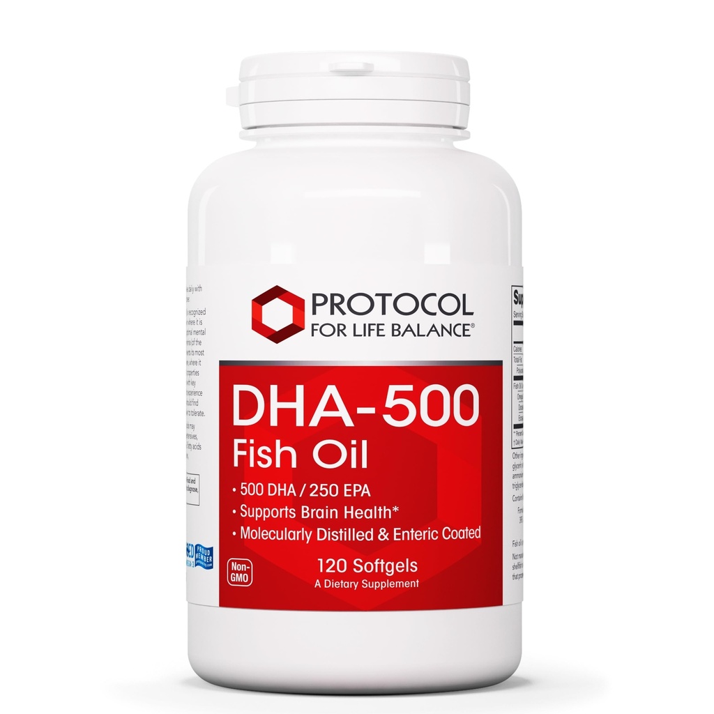 生活平衡议定书 DHA-500 - DHA 500mg & EPA 250mg - 鱼油补充 - 脑健康与支持 - 易消化 - 非GMO & Halal - 120软胶