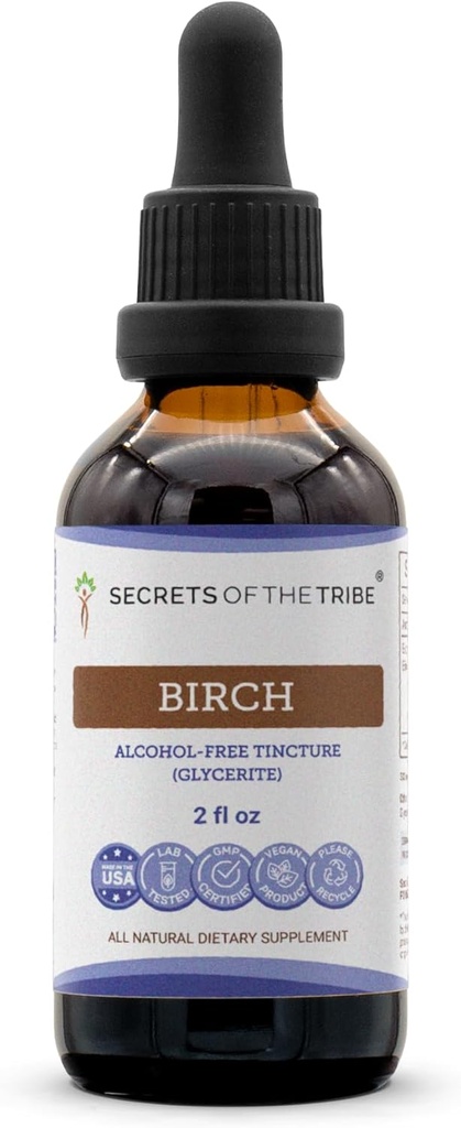 Birch Tincture无酒精液体提取器的秘密,Birch (Betula Pendula) 干叶(2 FL OZ)