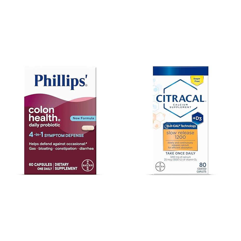 Phillips的Colon健康日报 Probiotic Capsules, 4-in-1 Symptom Defense & Citracal 缓慢释放 1200, 1200 mg Calcium Citrate 和碳酸钙混合剂