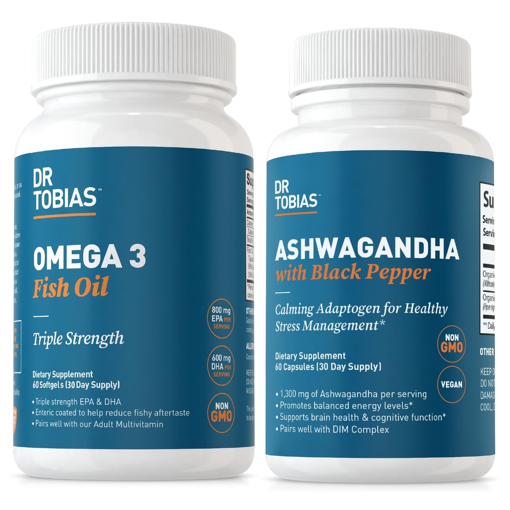 Tobias Omega博士 3 Fish Oil和Ashwagandha Capsules,支持总体健康与平衡能源与复原力,非GMO