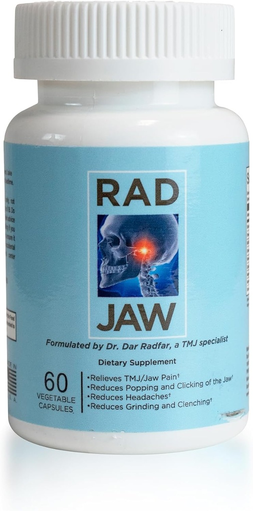 RAD JAW - TMJ Supplement for Women & Men, Nutrient-Based TMJ Relief, Jaw Discomfort Support, Targets Pain, Popping, Clicking, Grinding, Clenching (Bruxism) & Other Symptoms, 60 Vegetable Capsules