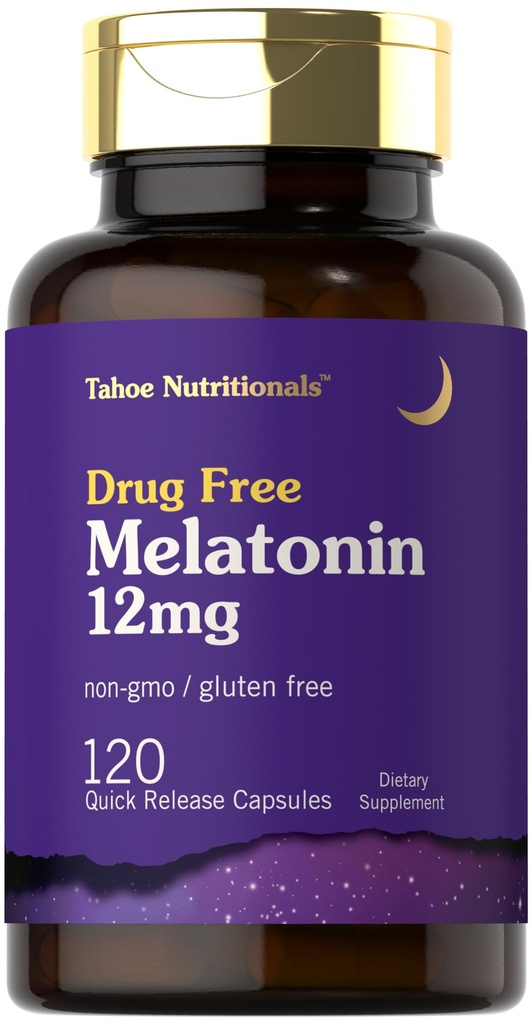 Tahoe 营养素 Melatonin 12 mg → 120 快速释放 Capsules → 药物免费补充 → 非GMO, Gluten Free