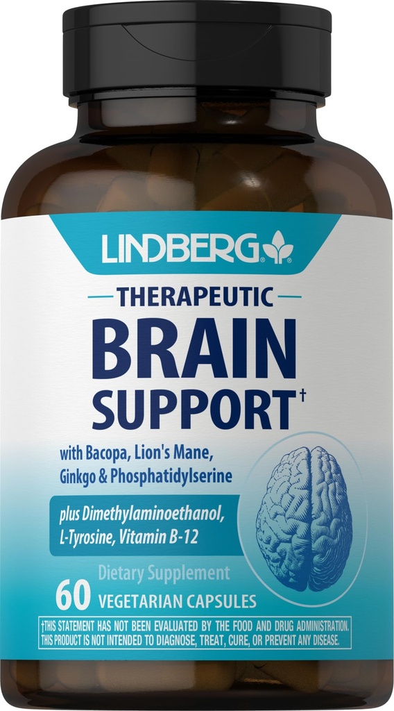 Lindberg 女性和男性大脑支持补编 – 60 Capsules – 复杂药丸 – 配有 Phosphatidylserine, Lion's Mane, Vitamin B12 – 蔬菜,非GMO, Gluten Free