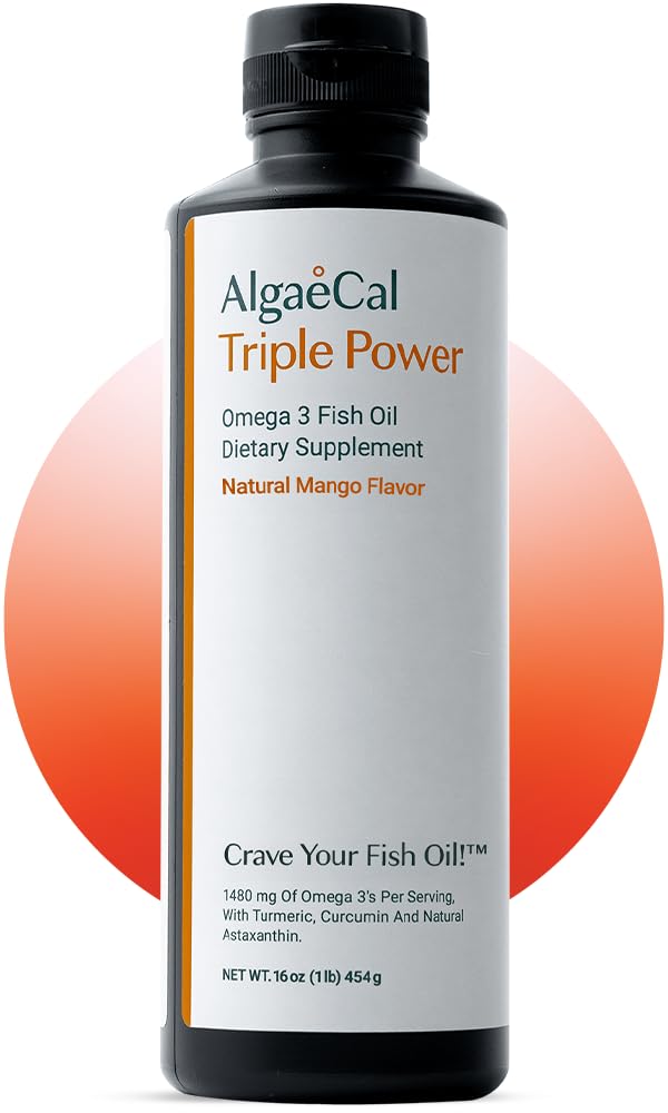 ALGAECAL 三聚动力 1200mg EPA & DHA Omega 3 鱼油补充品,支持脑,心,皮肤和骨头,液体乳香芒果味,Burp-Less,无糖,美国制造