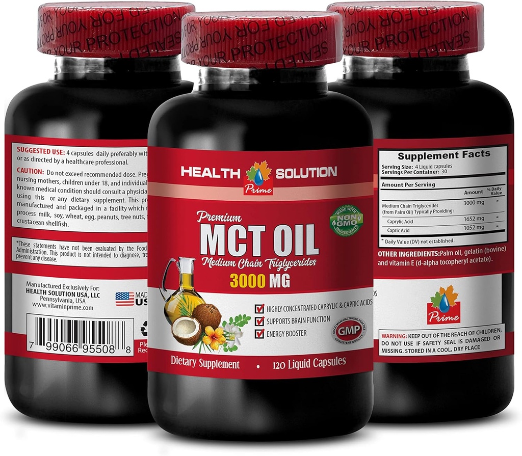 Energy Support Supplements - MCT Oil 3600MG, 100% Pure, Medium Chain triglycerides - mct Oil Made with Coconut Oil, mct Oil Pills, mct Oil for Memory, mct Oil for Brain, mct Coconut Oil - 1B 120Soft