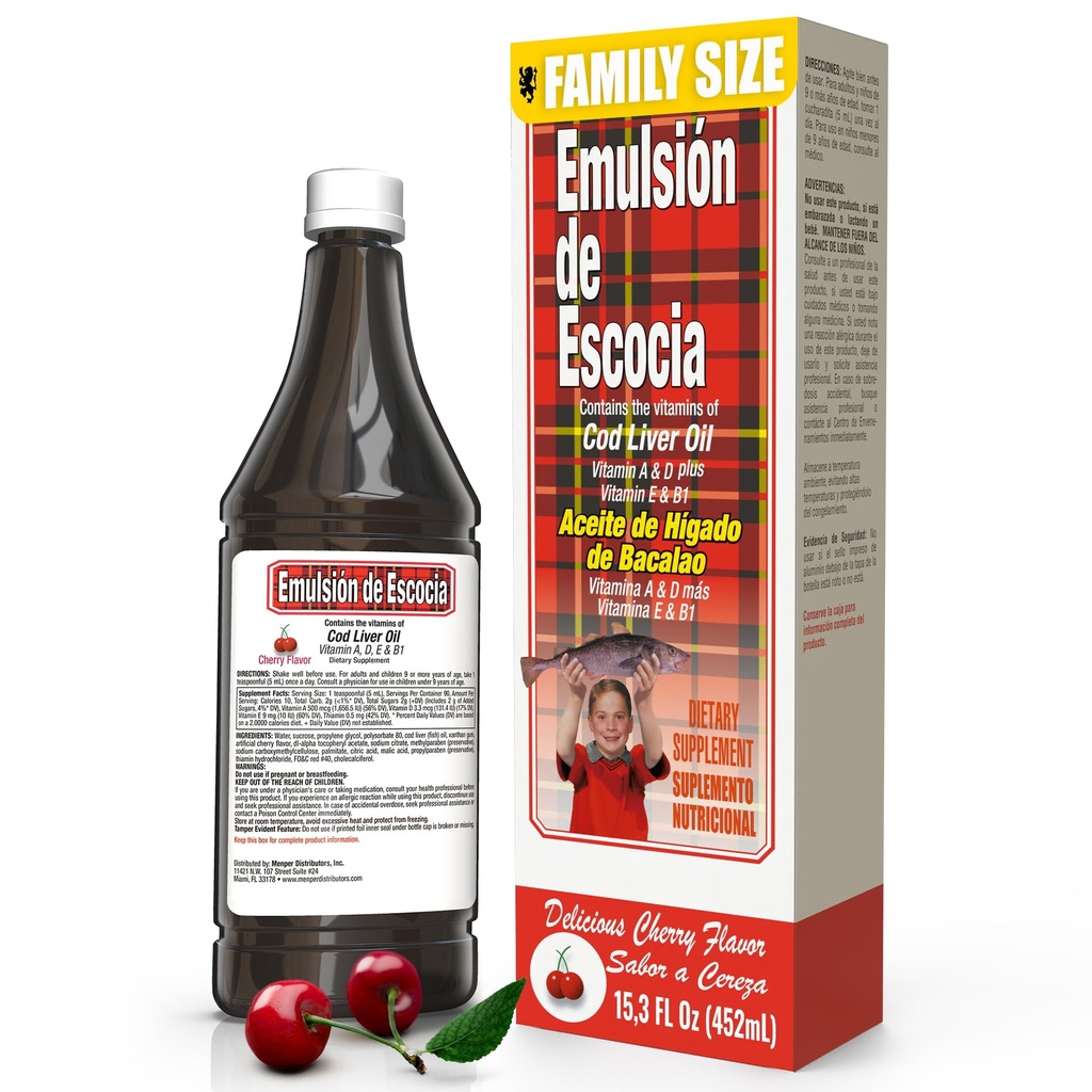 Emulsión de Escocia with Cod Liver Oil – Cherry Flavor – 维生素A, D, E & B1 for Immune and Liver Support – Liquid Supplement for Kids – 15.3 Fl Oz → 1-Pack – 维生素A, D, E & B1 配给伊穆内和肝脏支持 – 儿童液体补充 – 15.3 Fl Oz → 1-Pack