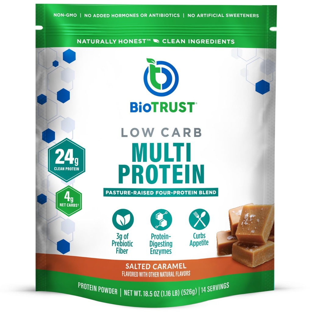 生物壳 低碳蛋白粉 - 健康隔离 Whey蛋白粉和 Casein Blend from Grass-Fed, Pasture-Rated Castle, Plus 消化酶 - 盐焦糖, 14 services