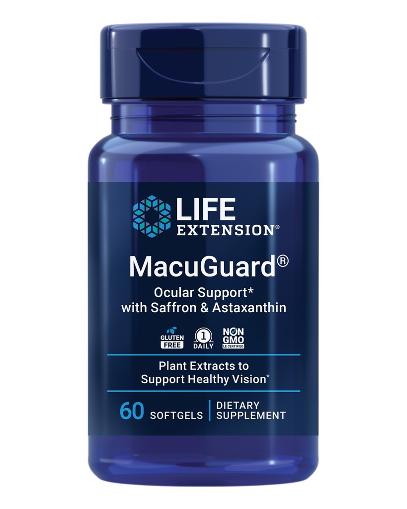 生命扩展 MacuGuard 望远镜支持 Saffron & Astaxanthin – 健康视野眼健康补充 – 与 Lutein, Zeaxanthin, Meso-zeaxanthin – Gluten-free, Non-GMO – 60 软胶