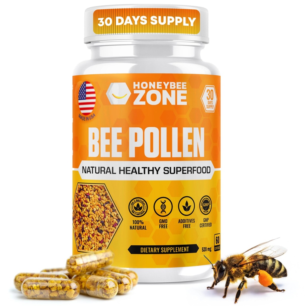 蜜蜂花粉补充品 百分百天然原生蜜蜂花粉 在Veggie Caps 发酵 Pollen 多维特敏, Probiotic Superfood, 生命蛋白, 氨基酸, 免疫支持和能源 60 Pollen Capsules