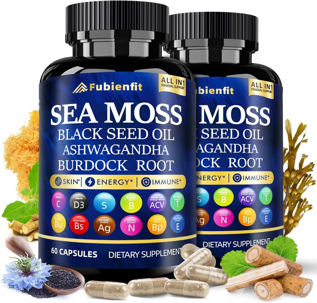 (2包) 有机海 Moss Capsules - 含有海摩斯黑籽油 Ashwagandha Burdock 根姜和基本维生素 - Imune Boost、消化性健康和总体健康超食品
