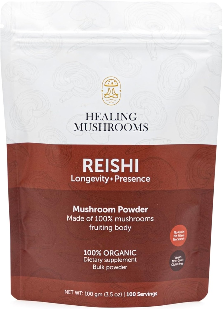 Reishi纯粉,Imune支持的有机蘑菇补充剂,长寿,摩德,睡眠,无填料,非GMO