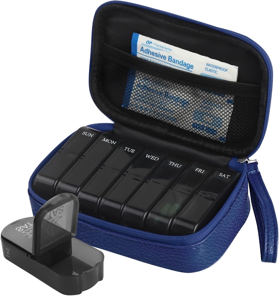 每周一次 PU 皮质药丸 袋装组织者案例 2 Times aday, AM PM Daily Pill box to hold Vitamin, Fish Oil, Supplies and Medicine(蓝色)