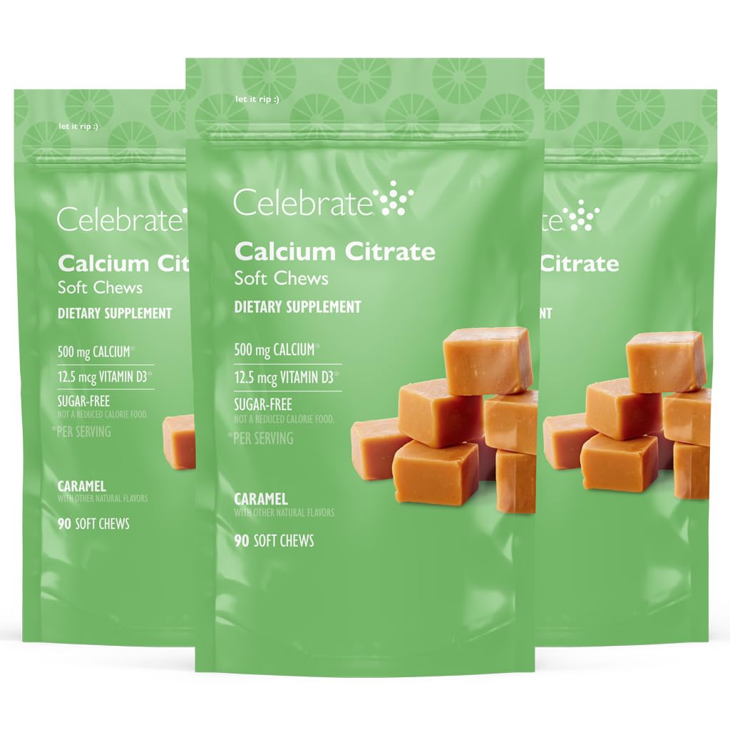 庆祝维生素Bariatric 500mg 钙 Citrate 软果菜,配有500 IU 维生素D3 – 胃旁通患者和骨健康必需 - 糖和葡萄糖免费,焦糖(270 Chews)
