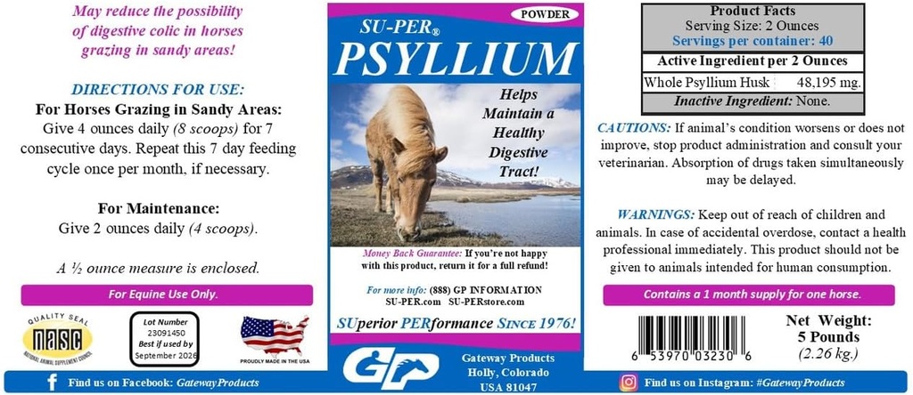 SU-PER Pyllium Horse Digestion Supplements - 在马身上保持健康的消化性切除术 - 支持从肠内切除沙尘和泥沙 - 5英镑(2包)