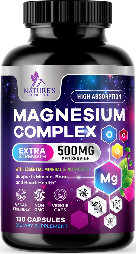 镁复合物补充500 mg - 5 in 1 High Accession Chelated Magnesium Glycnate, Malate, Citrate, Oxide, Aquamin - 非GMO Magnesio Capsules, Bone Muscle & Heart Health Supports, 120 Capsules