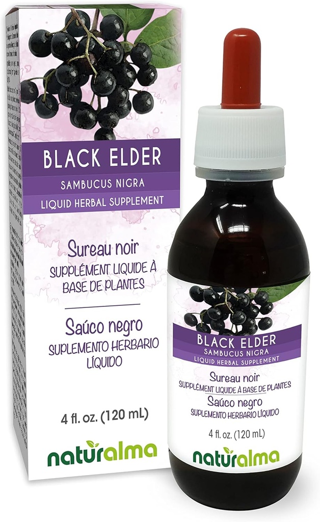 Naturmala Black Elder (Sambucus nigra) 花卉(Elderflower)和水果(Elderberry) 无酒精丁香 - 4 fl oz 滴水液提取 - 草药补充 - Vegan