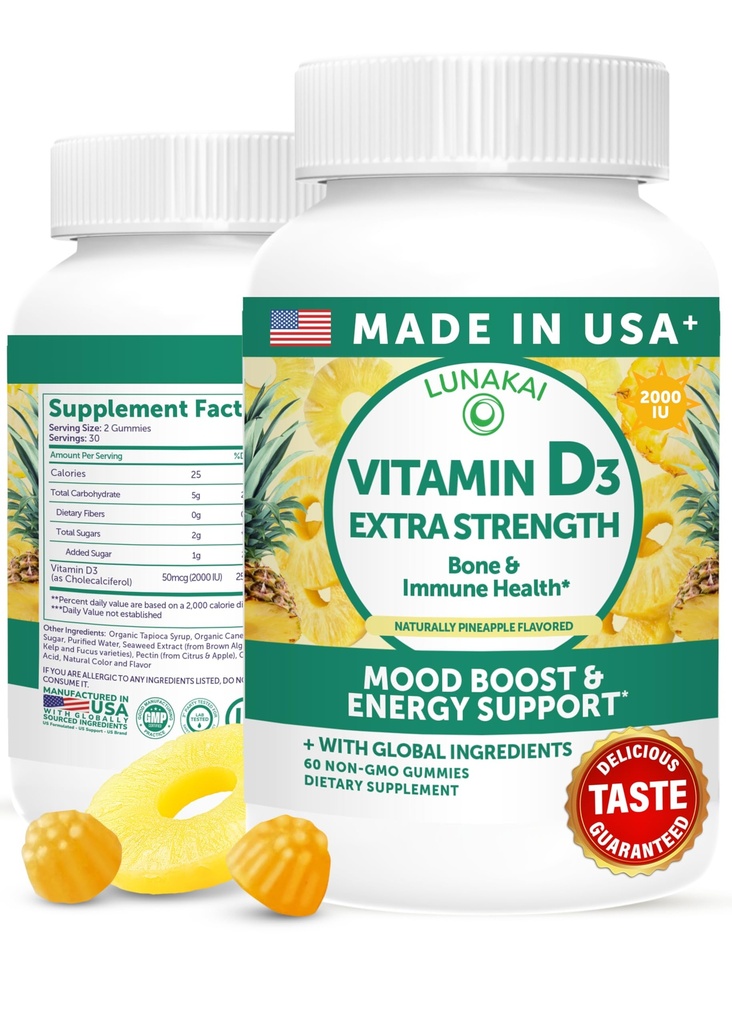 Lunakai USA 制造维生素D3 Gummys 2000 IU - 非GMO,女性和男性无葡萄维生素D Gummys - Bone, Immune & Energy Support, 60ct
