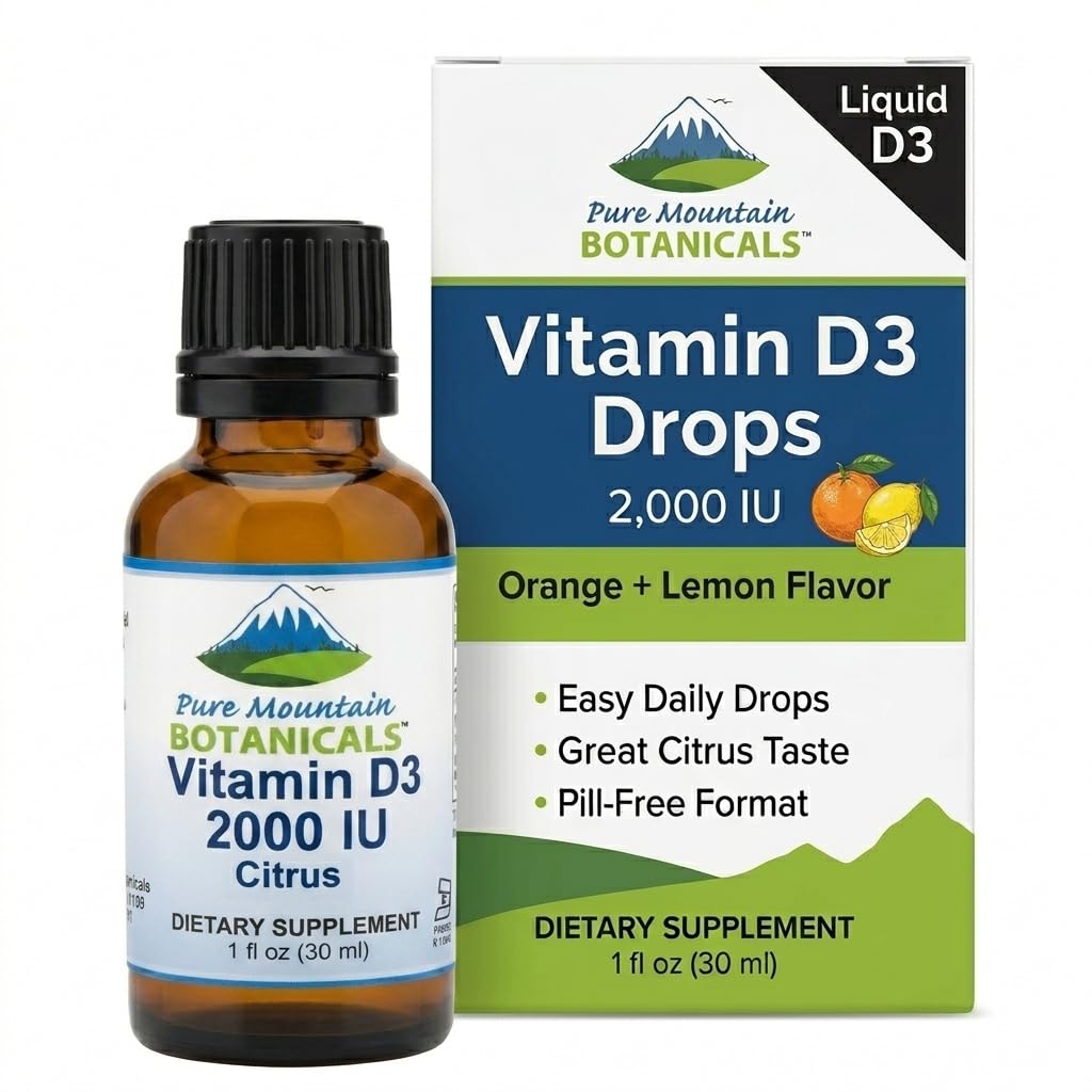 纯山植物学 Flavored Vitamin D D 滴水 — 橙色和柠檬 Flavored 液体维生素 D3 - 2000iu 每服1oz瓶