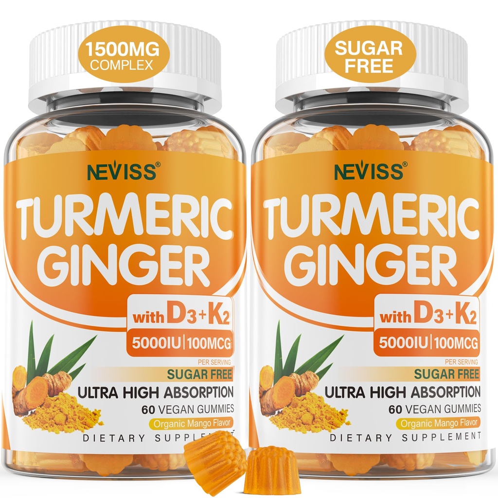 含5 000 IU维生素D3 & K2(MK7)、C-Vegan Turmeric Supplements Gummys for adderns 1500 mg with Black Pepper, Supports Bone, Immune & Drigisive Health - 120 Cts