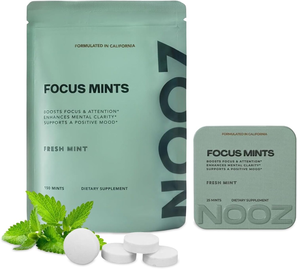 NOOZ 聚焦薄荷再填袋 - 心智清晰无咖啡因-无脑促进剂 - 新鲜薄荷Flavor QQ无糖,旅行友好补充 维生素 C, B6, B12 - 非GMO, 清洁标签, 150 Mints