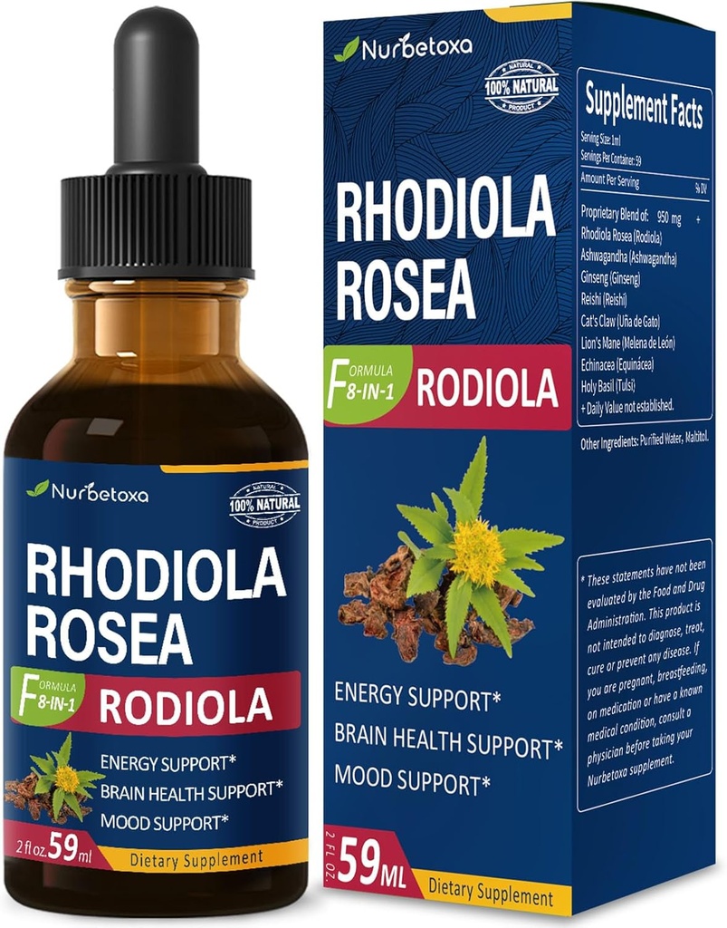 Rhodiola Rosea (Rodiola) 提取剂,天然适应剂补充剂/W Ashwagandha, Ginseng, Holy Basil, & Echinacea for Energy, Brain Health, Immunty & Mood Support. 2oz