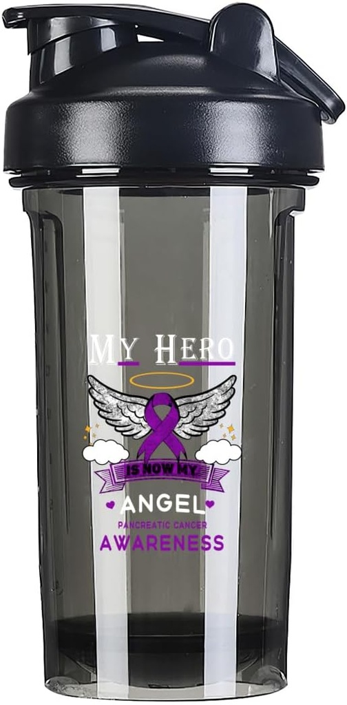 我的英雄是现在我的天使 Pancreatic Cancer 18 Ounce Shaker 瓶装饮料 混合液 防渗漏 前置工作 蛋白质 摇控食品 摇控食品 瓶装500ML/18 Oz Black