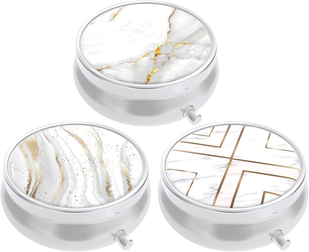 3 Pack Pill Box, Purse & Pocket小药箱,Cute Travel Medicine 组织者,便携式药品容器持有者持有维生素,药物,鱼油和补充品,白色大理石