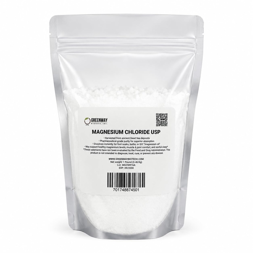 Greenway Biotech, Inc. Organic Magnesium Chloride USP Supplement 100% Edible Cloruro de Magnesio Comestible Powder (Pharmaceutical Grade) | Pure Ph. EUR., BP, USP | 1 Pound