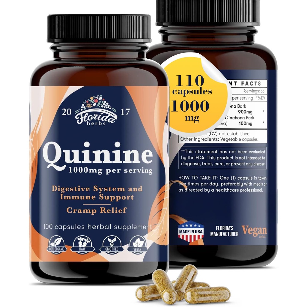昆宁用于腿切片1000毫克 - 110卡普勒斯 - Cinchona Bark 提取补充剂 - 昆宁卡普勒斯 - Vegan, Non - GMO