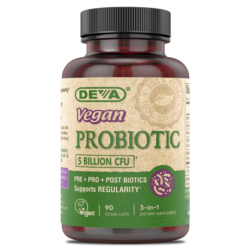 DEVA Vegan Probiotic 补充 - Pre, Pro, 和消化健康后生素, 5亿 CFU, 土壤基, Spore-Forming, 乳品自由, FOS Prebiotic, 男女, Vegan Capsules, 90 Counter