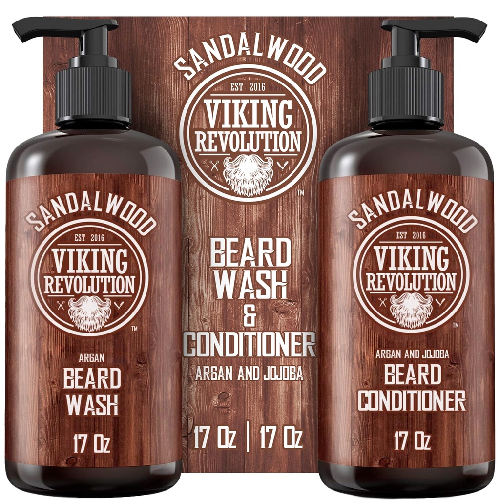 Viking Revolution Beard Wash & Beard Conditioner Set with Argan & Jojoba Oils - Softens and Strengthens - Natural Sandalwood Scent - Beard Shampoo with Beard Oil (17 oz)