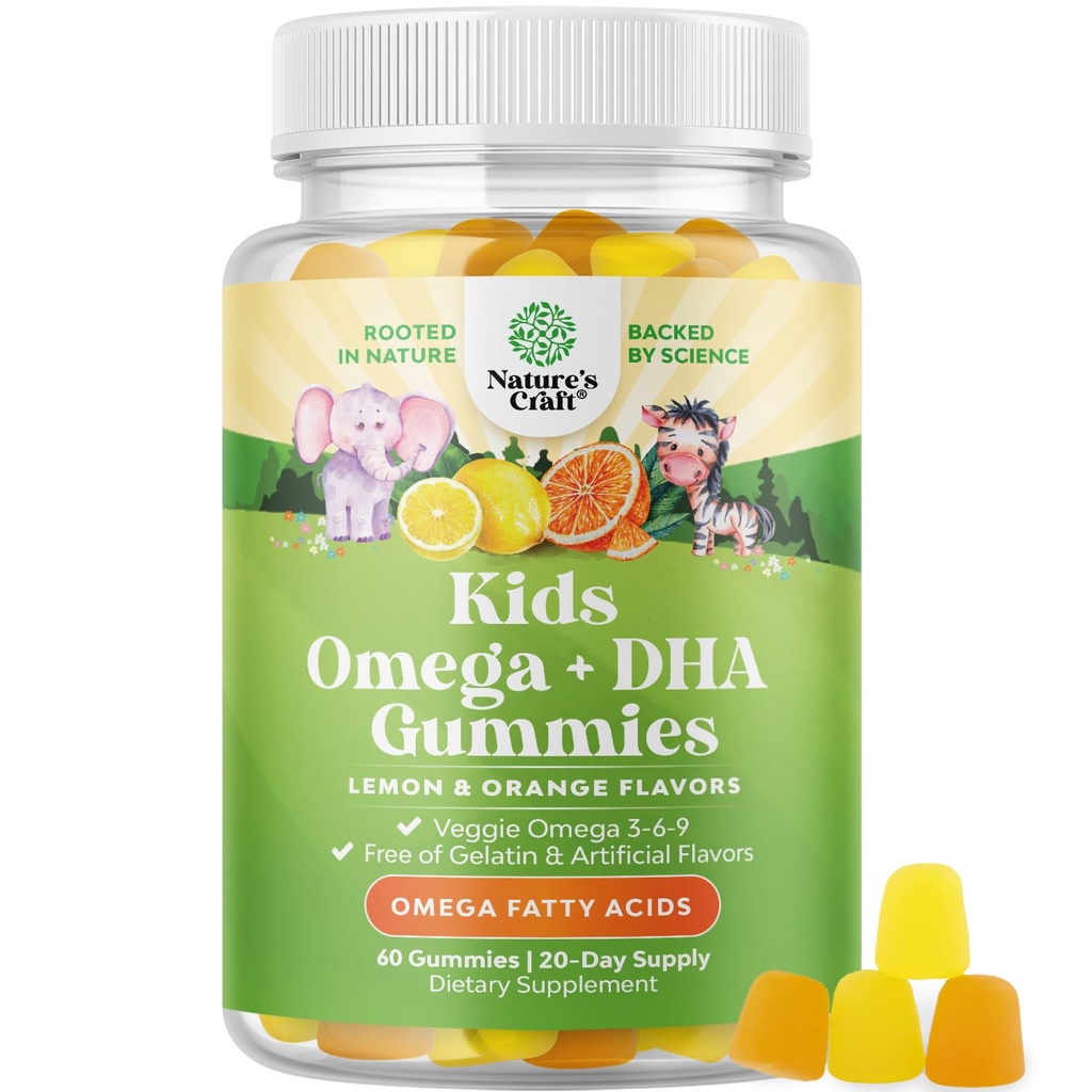 儿童 DHA Omega 3 Gummys - 肥酸 Omega 3 6 9 大脑,免疫强力和视野 - 儿童健康神经系统营养DHA 和重点支持 - 鱼无鱼,Vegan和Non-GMO - 60 Chews