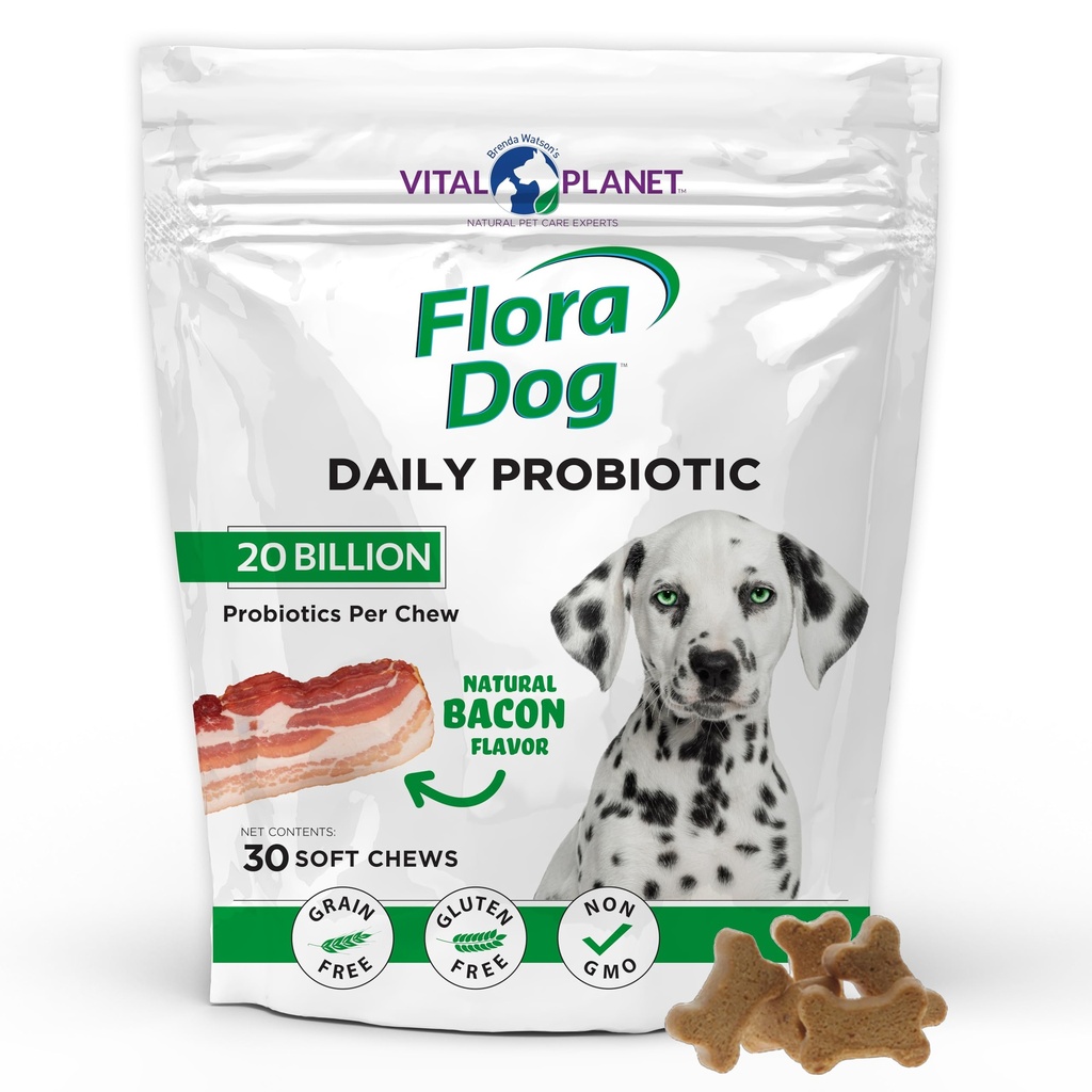 生命星球 - 花肉狗 Probiotics,Dog Chews Supplements 配有 20亿种文化 和 11 种 Strains, Imune 和 消化支持 狗的 Chewable Probiotics, 30种天然培根 Flavored Soft Chews