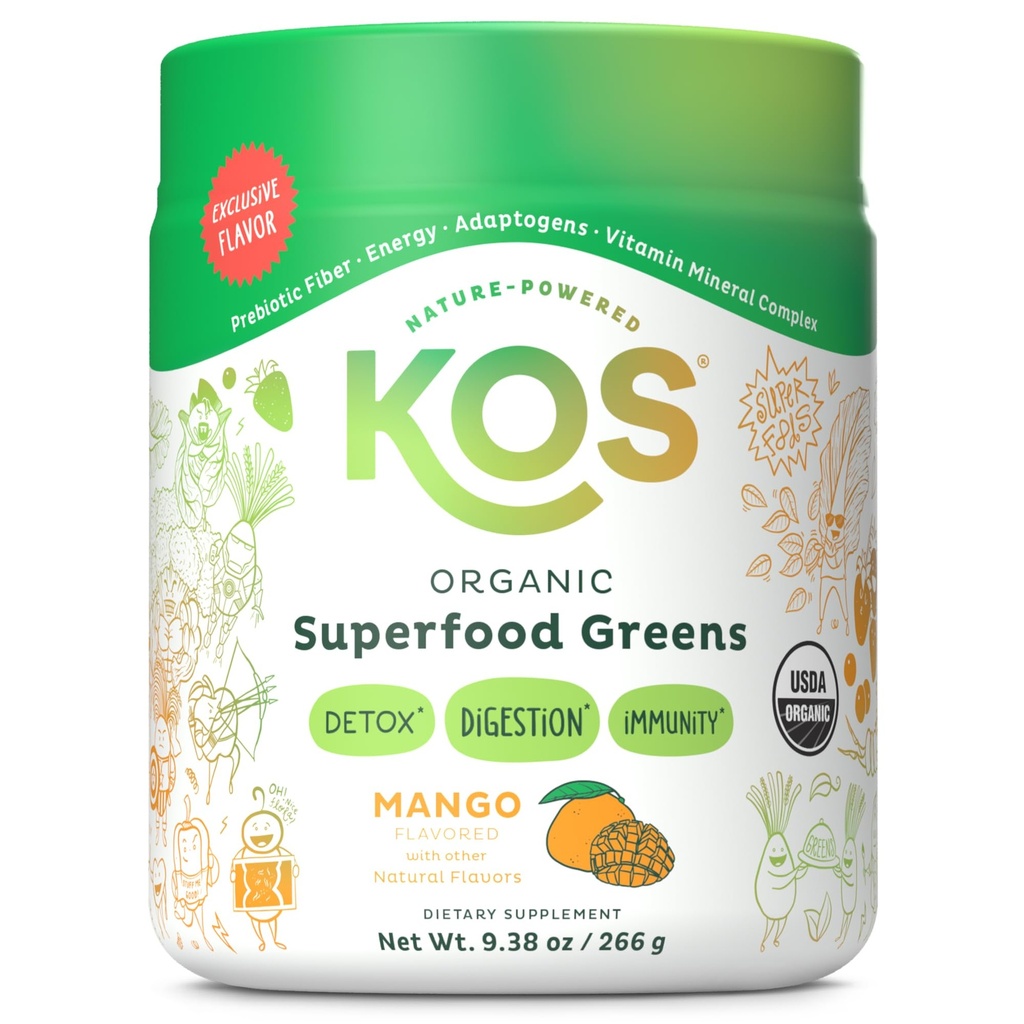 KOS 有机超级食品绿皮粉 - 来自先生纤维、超绿色和适应原体的固态健康 - USDA 认证有机物,在GMP认证设施中制造 - 28 为芒果服务