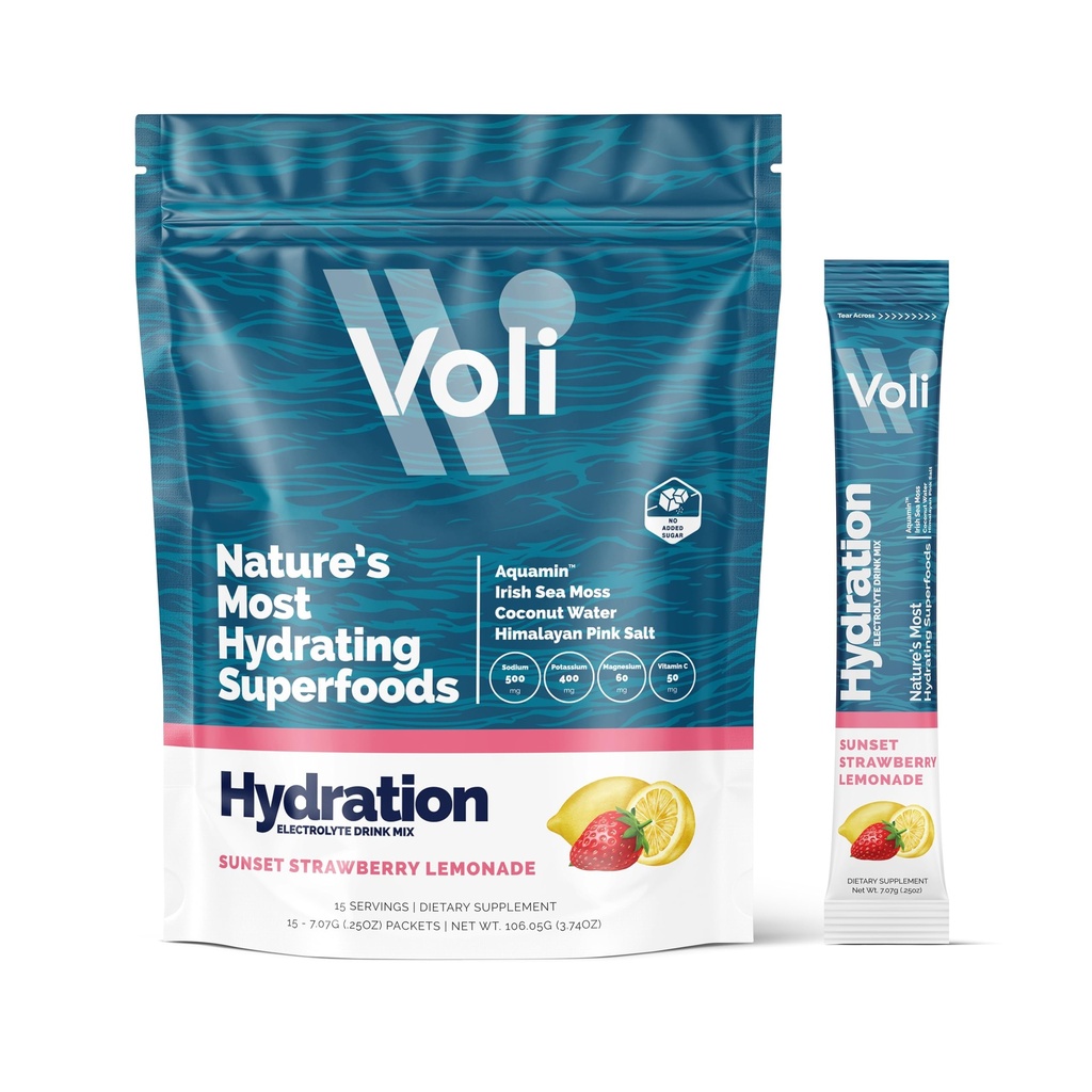 Voli Electrolytes Powder Packets 15国产草莓柠檬汁,无添加糖 电解质 饮料 水分 QQ Keto & Fasting 友好,天然超级食品和矿物 QQ