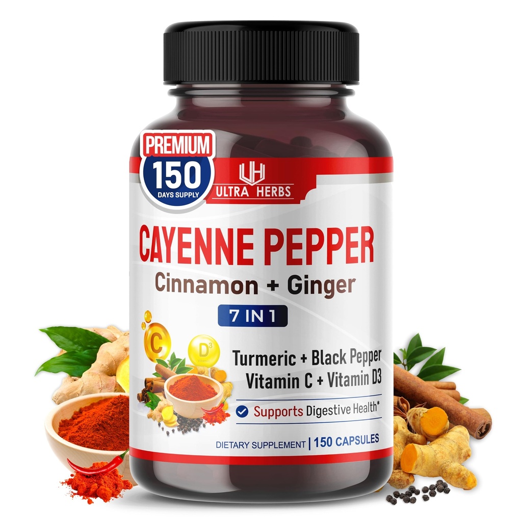 Cayenne Pepper 7 in 1 - - 与姜,图尔美,肉桂,黑胡椒 - 促进消化系统功能(150天供应(Pack of 1)).