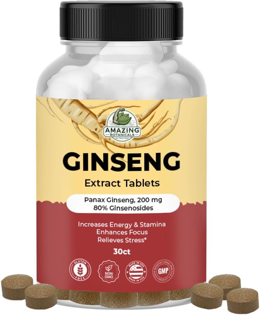 神奇的植物学 Panax Ginseng 提取片 - 200 mg 高潜力 80% Ginsenosides for Energy & Relaxation - 天然草药补充 认知助推器 - 30块