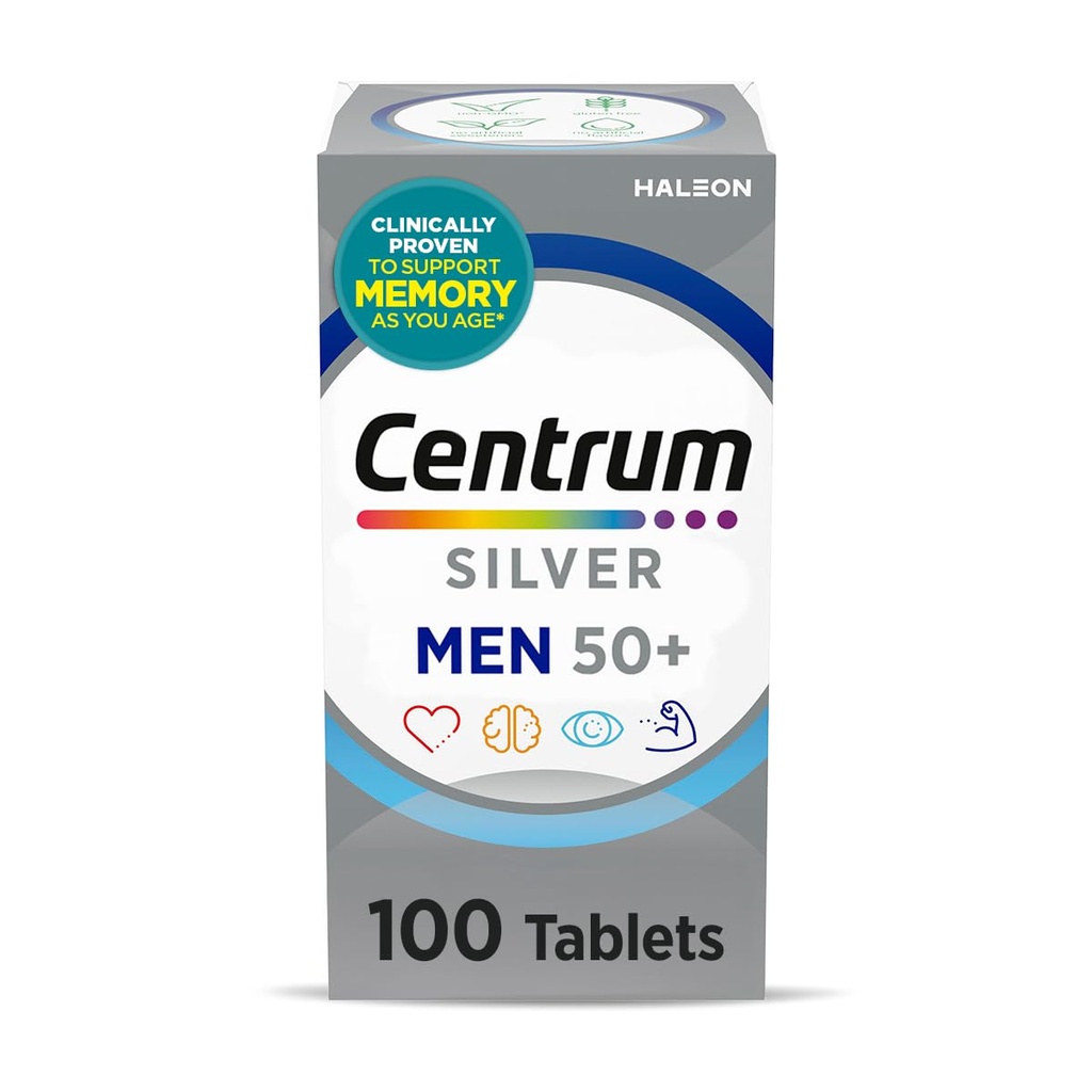 Centrum Silver Multivitamin for Men 50 Plus, 多种矿物质补充剂,维生素D3, B-维生素和锌, Gluten Free, 非GMO 成份,支持老年人的记忆和认知 - 100 Ct.