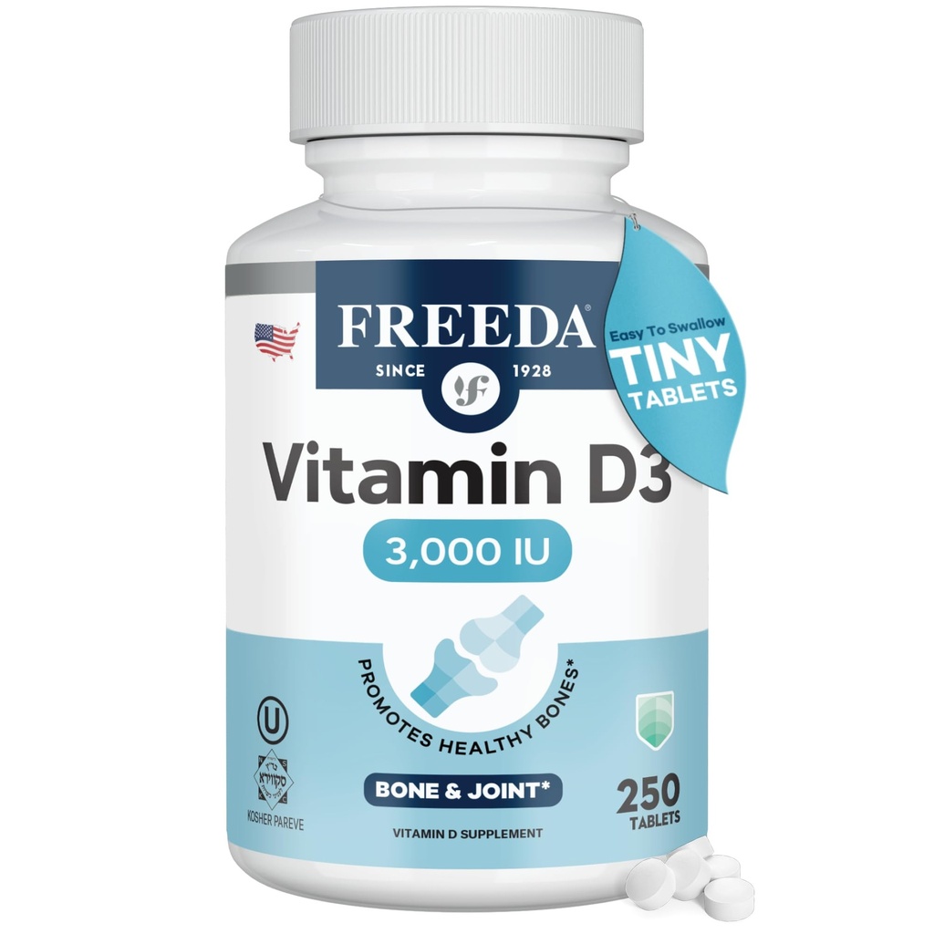 FREEDA 纯维生素D3 3000 IU – 日高强度 – Bone Health, Joint, Muscle & Immune Support – VIT D3 女性和男性维生素D补充 – 75 mcg 3,000 IU Easy-to-Swillow(250小片)