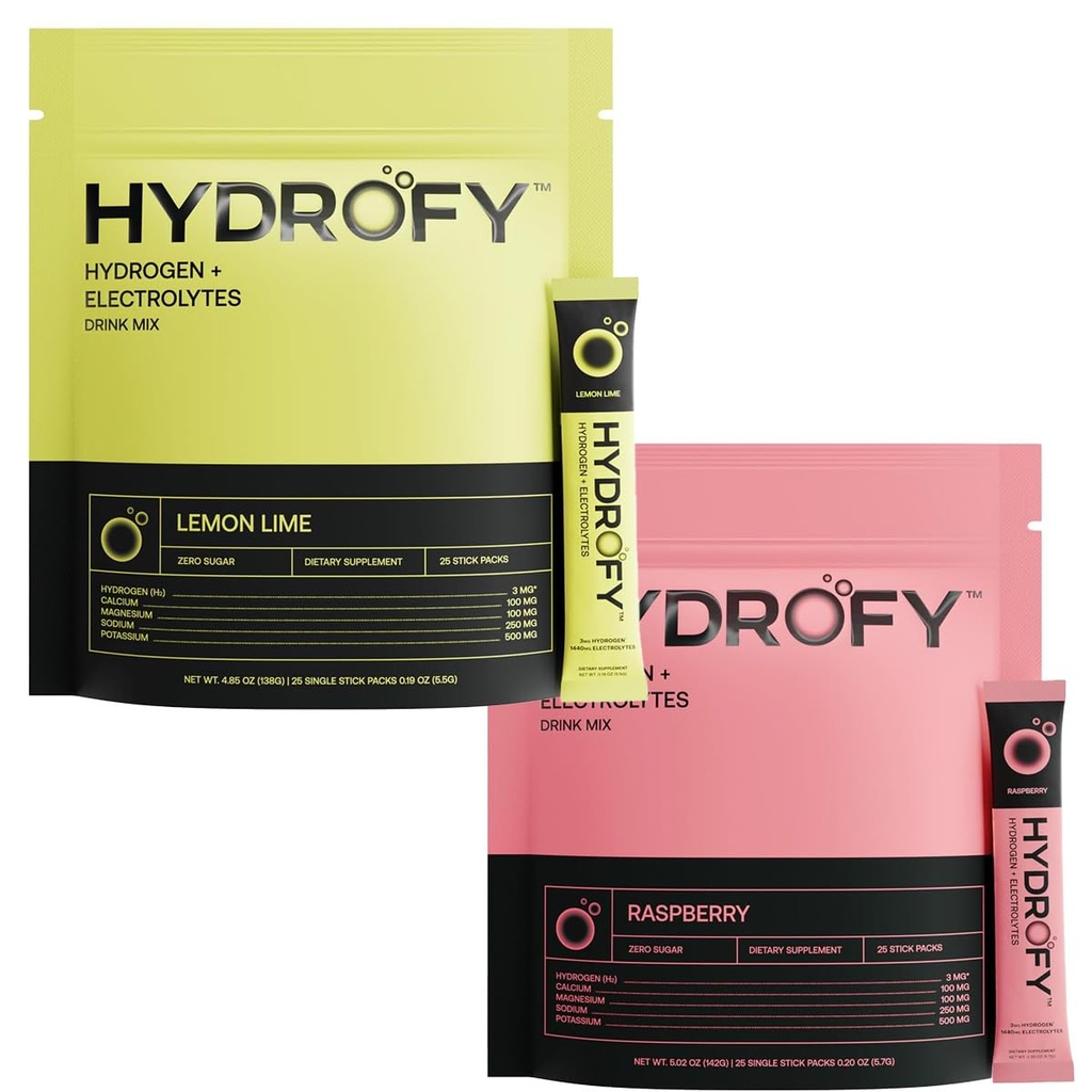 Hydrogen Water + Electrolytes Drink Mix Raspberry and Lemon Lime Bundle 50 Servings | Superior Hydration Packets with Molecular Hydrogen (H2), Sodium, Potassium, Magnesium, Calcium, and Minerals