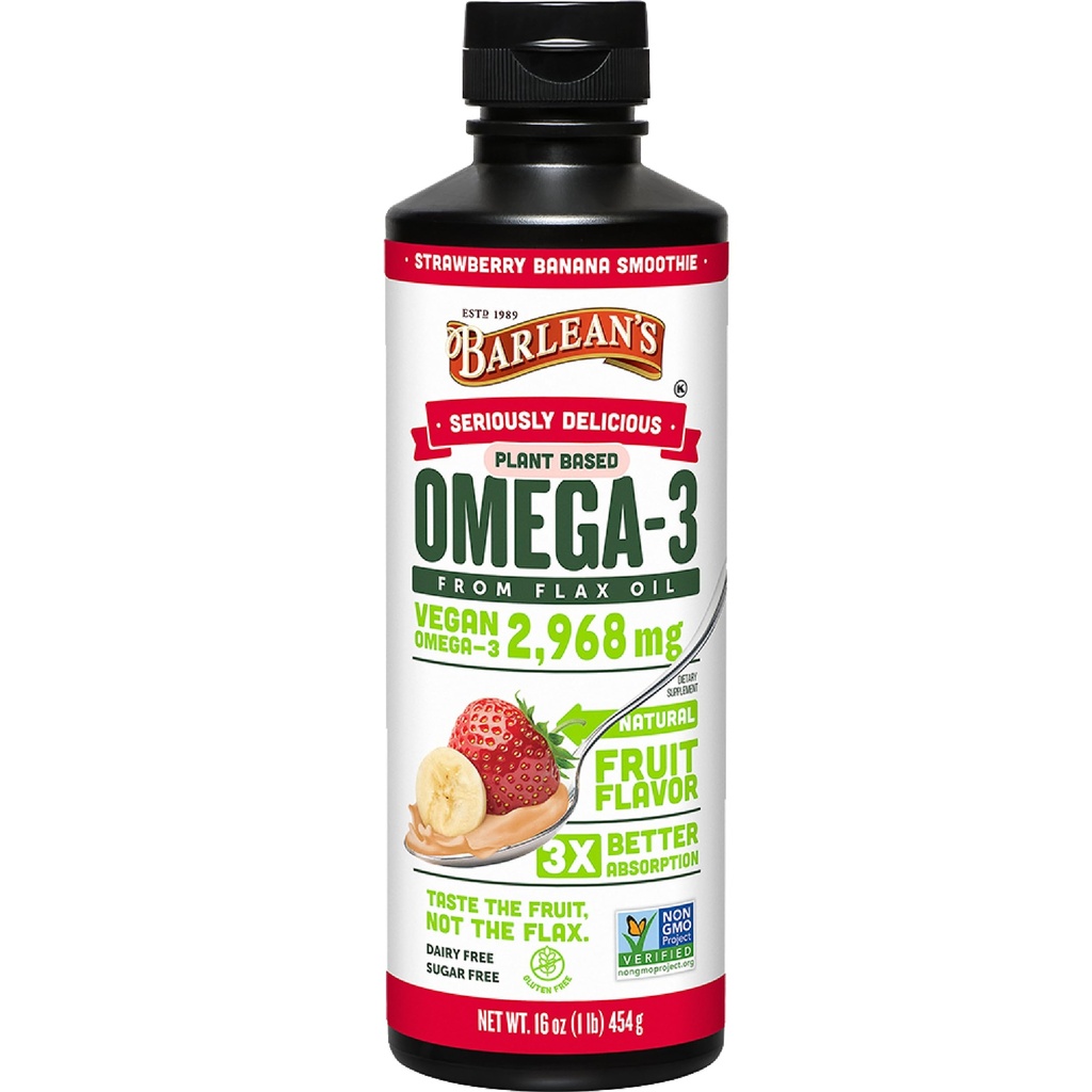 Barlean的Vegan Omega 3 6 9 Flaxseed Oil Liquid Supplement,草莓香蕉滑油,Flax种子油,含2 968毫克ALA脂肪酸,非GMO和Gluten Free, 16 oz