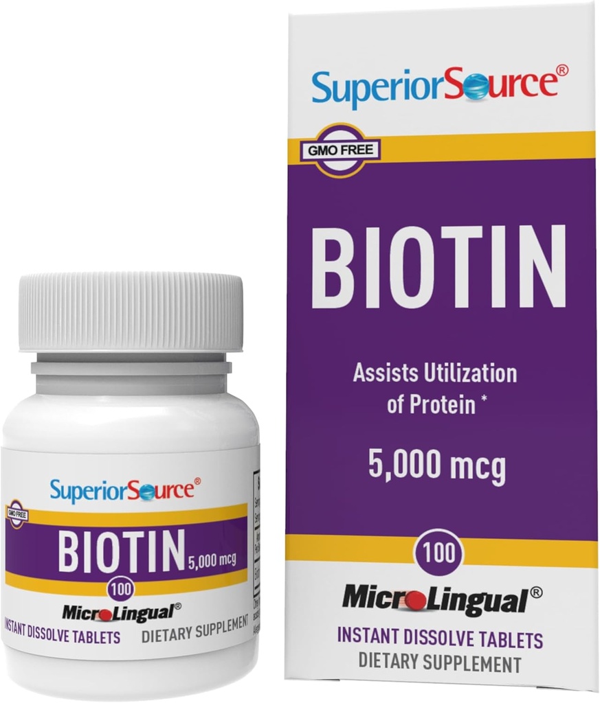 Superior source Biotin 5000 mcg. 在 Tonue 快速溶解的微线性平板石块下, 100 个数, 支持健康头发, 皮肤, 和钉子生长, 帮助支持能量代谢, 非 GMO