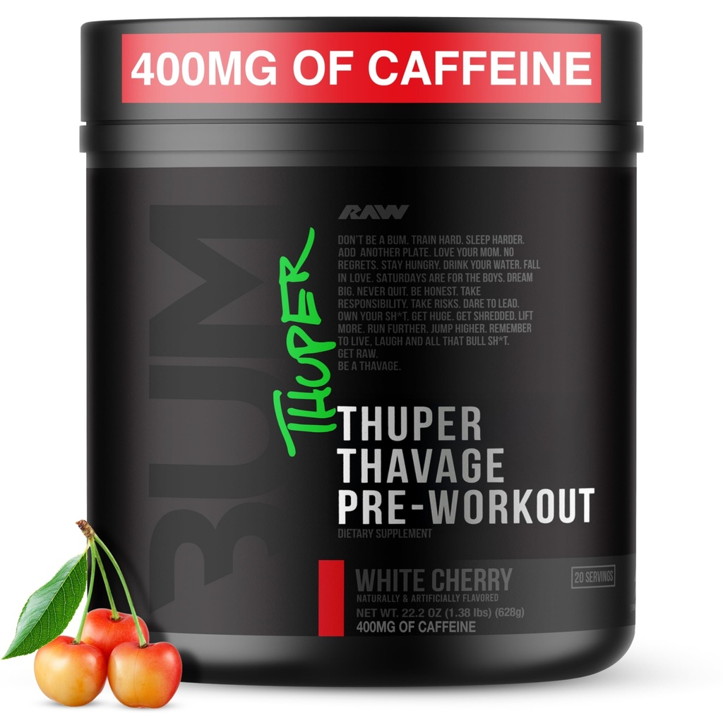 RAW Thuper Thavage Pre Workout Powder - 与Creatine,Beta Alanine,L-Citrulline & Cafeine 共同进行高强度预研 - Chris Bumstead Gym & Fitness 男女配乐 - 白樱桃