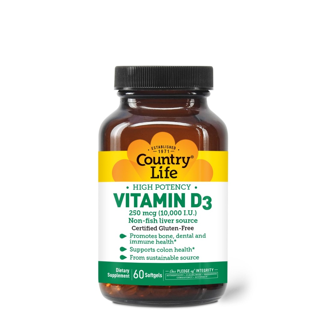 乡村生活 维生素D3 10,000 IU – 高概率,非渔业来源 → Bone, Immune & Colon 健康支持 → 60 Softgels → 认证无糖,清洁配方 MCT Oil 用于更好的吸收