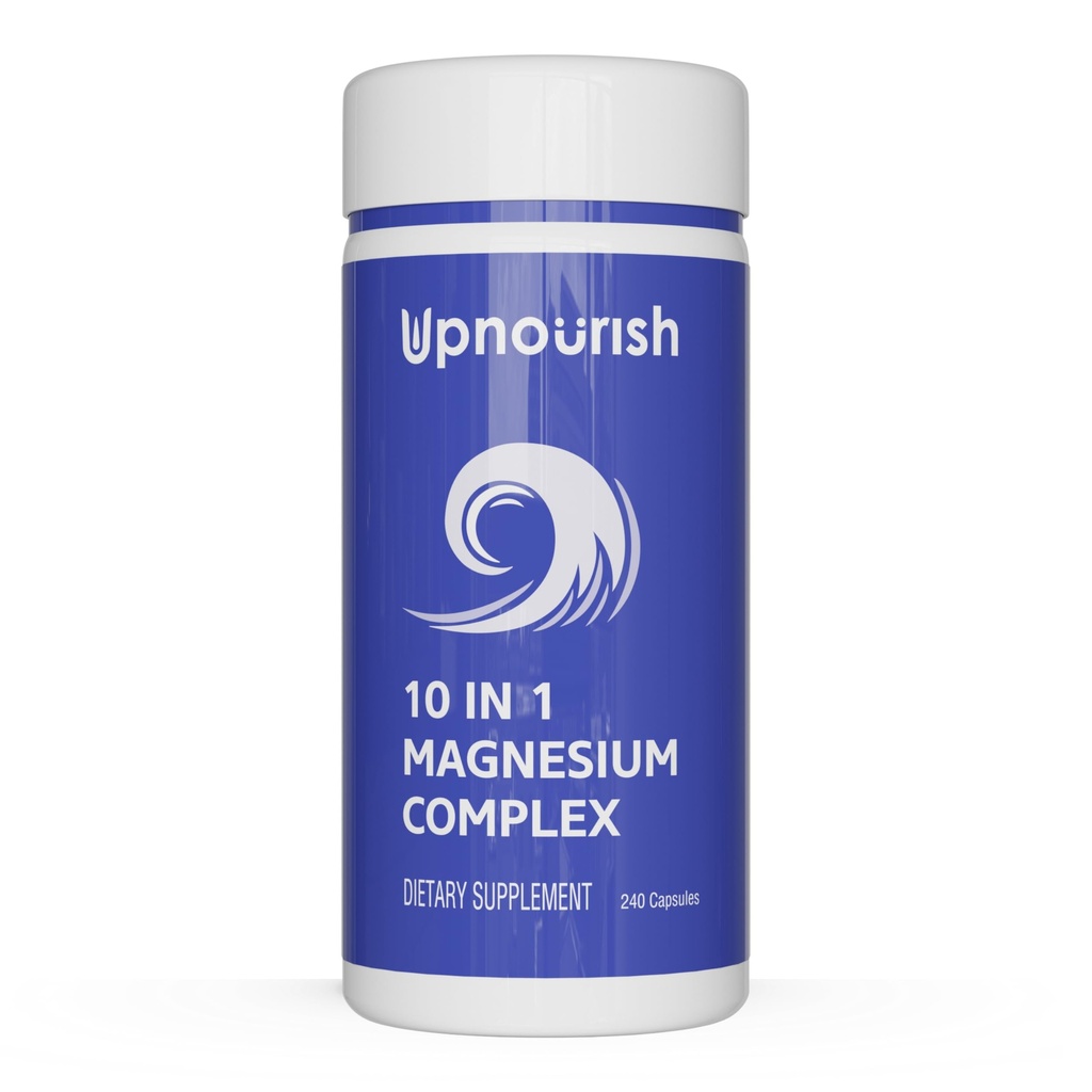 Up Nourish Magnesium 补编 - 10 in 1 Magnesium Complex - Full Spectrum Magnesium 矿物补编 配有 Glycnate, Citrate, Taurate, Malate, 碳酸盐, Oxide 和 More, 240 Vegan Capsules