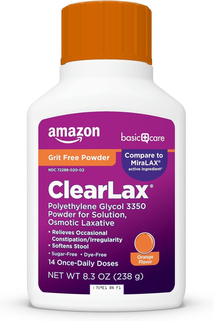 基本护理 ClearLax 聚乙烯 Glycol 3350 溶液粉剂 橙色Flavor, Osmotic Laxative, Stool 软化剂, Relieves 偶发便秘, 8.3盎司(包1)