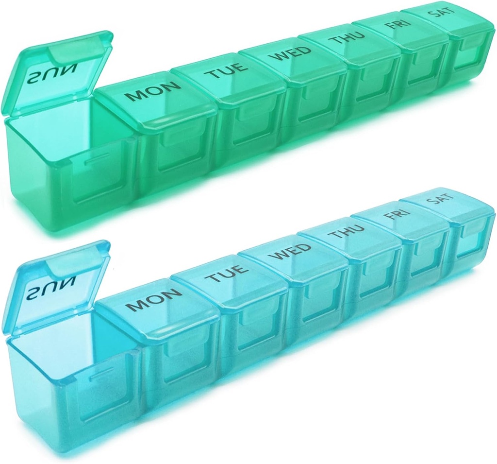2 Pack Weekly药丸组织者,大型7天药丸案,每日维生素病例药盒,AM/PM药丸容器,补充鱼油(蓝色和绿色)