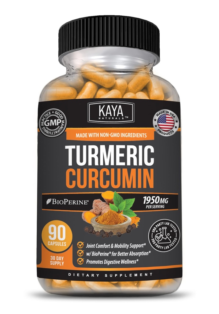 Kaya Naturals Turmeric Platinum, 60 Consules, Bioperine, Premium 支持 95% 标准化 Crucuminoids - 60 Capsules