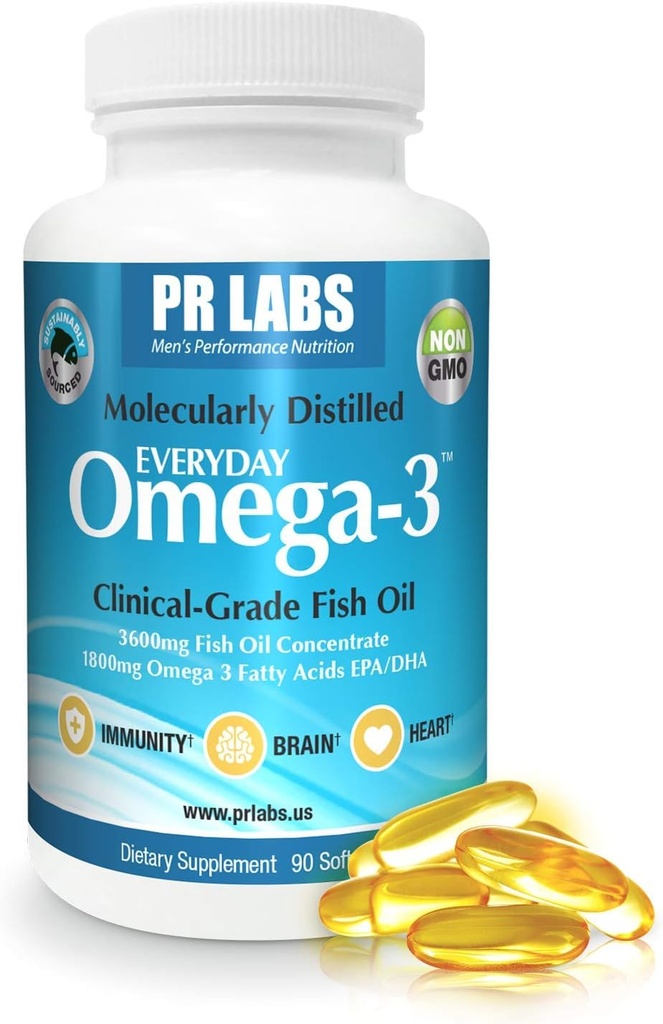 PR实验室 - 每日Omega-3临床水平的鱼油补充剂 男性 - 促进心脏,脑,免疫和联合支持 - 可持续来源和分子分裂 - 1800mg EPA和DHA - 1包